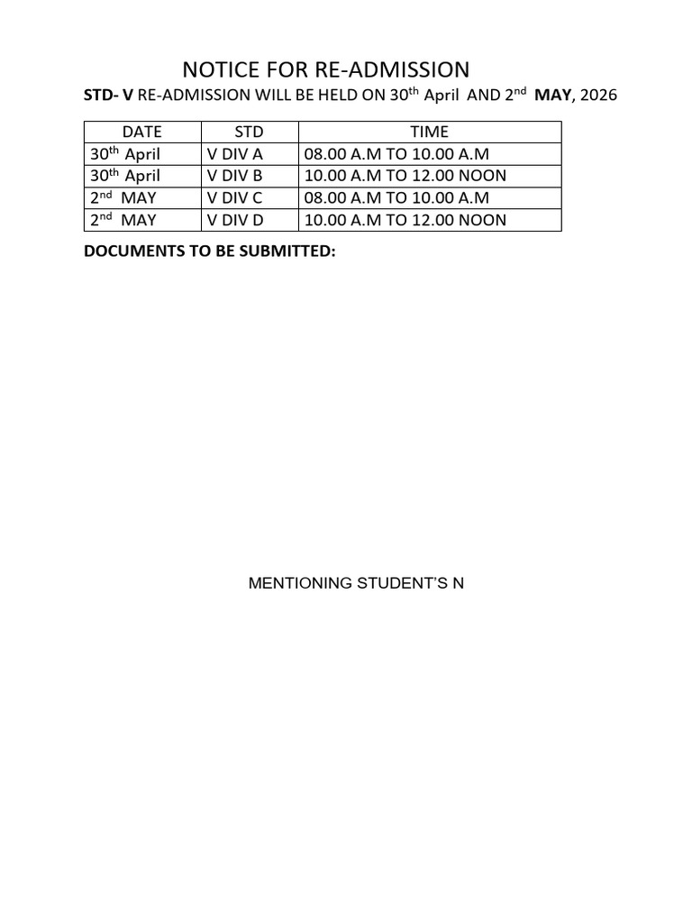 STD 5 Admission Notice | PDF