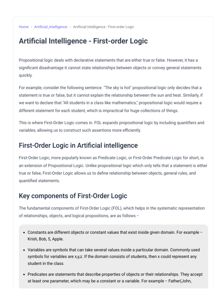Artificial Intelligence - First-Order Logic | PDF | First Order Logic ...