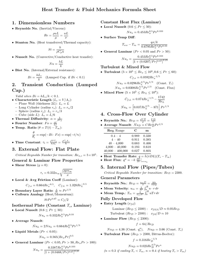 mcl_formula_sheet | PDF | Laminar Flow | Heat Transfer