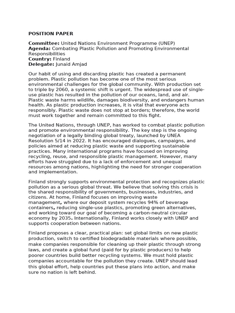 Position Paper Finland Junaid Amjad | PDF | Plastic | United Nations ...