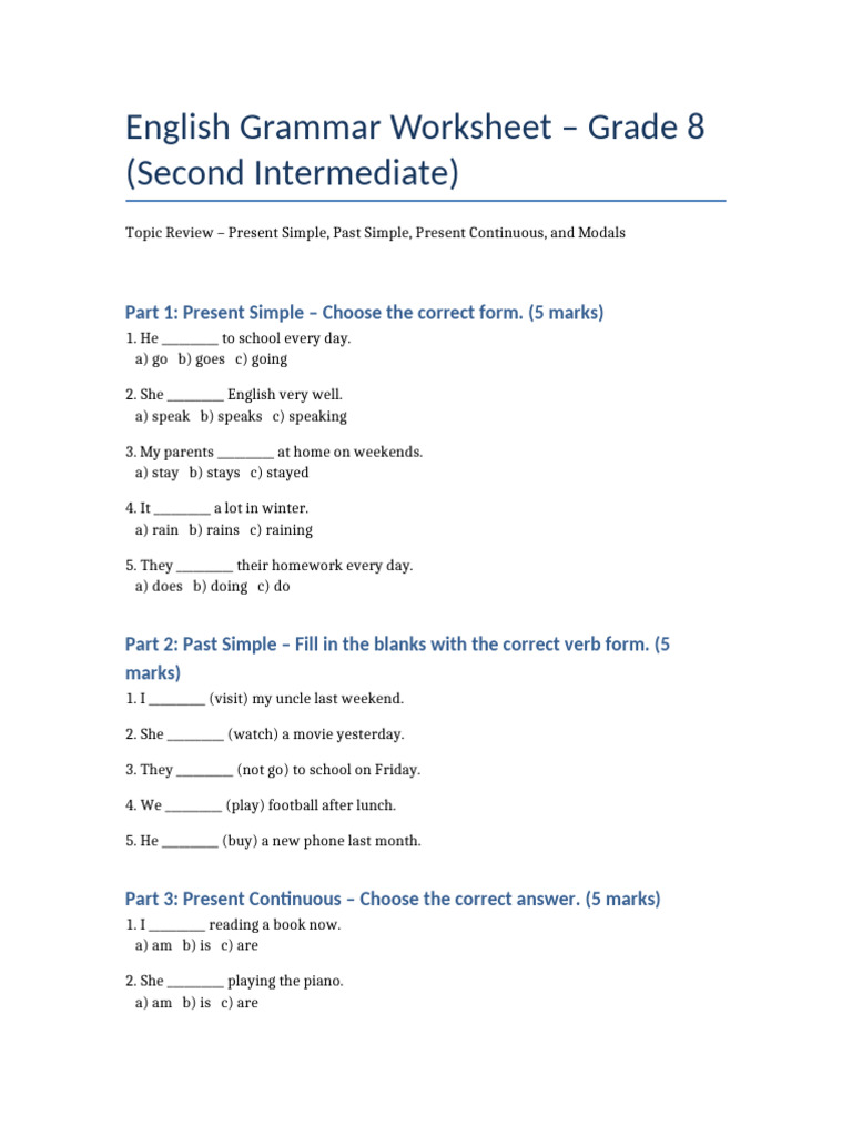 English Grammar Worksheet Grade 8 | PDF