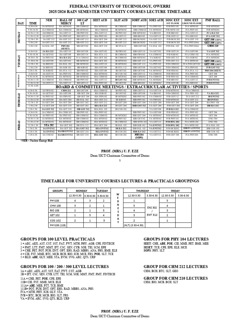 2025-2026 Final Rain Semester University Courses Lecture Timetable (Wit ...