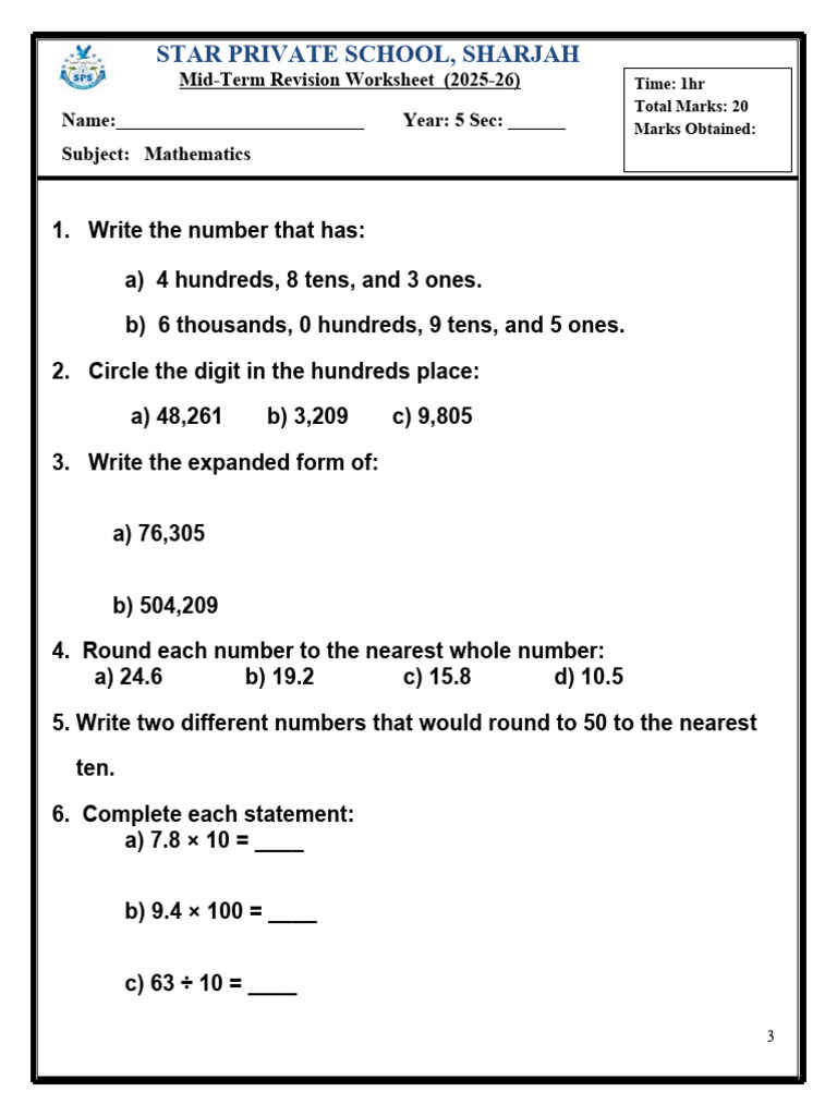 Y5 Mid Term Revision Worksheet | PDF