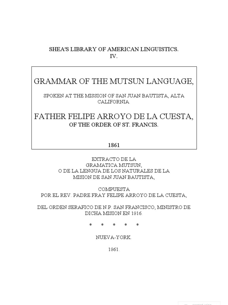 Felipe Arroyo de La Cuesta Gramatica Mutsun PDF Verb Syntax