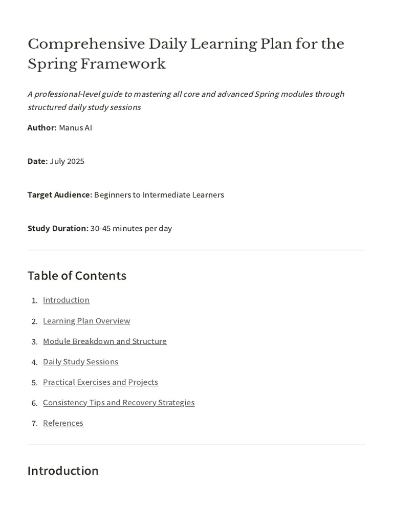 Comprehensive Daily Learning Plan for the Spring Framework | PDF ...