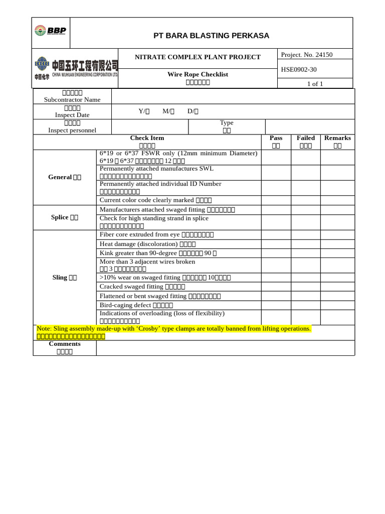 项目号-HSE0902-30 Wire Rope Checklist 钢丝绳检查表 | PDF