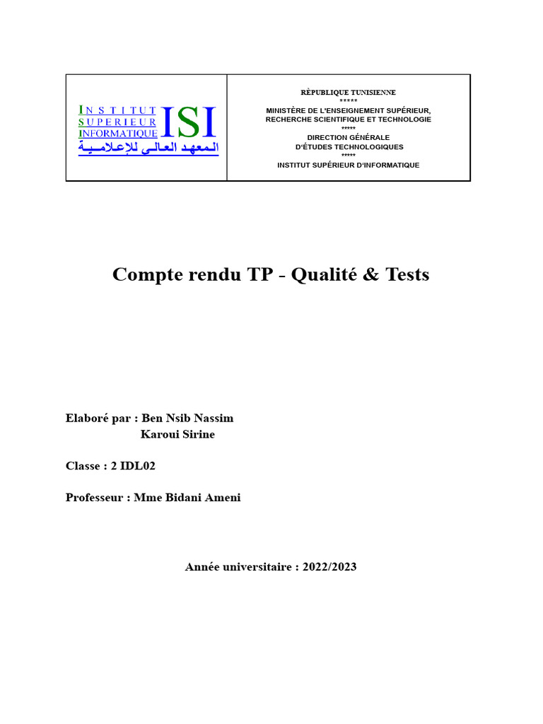 Compte Rendu Qualité Et Tests - TPs | PDF | Test de logiciel | Test ...