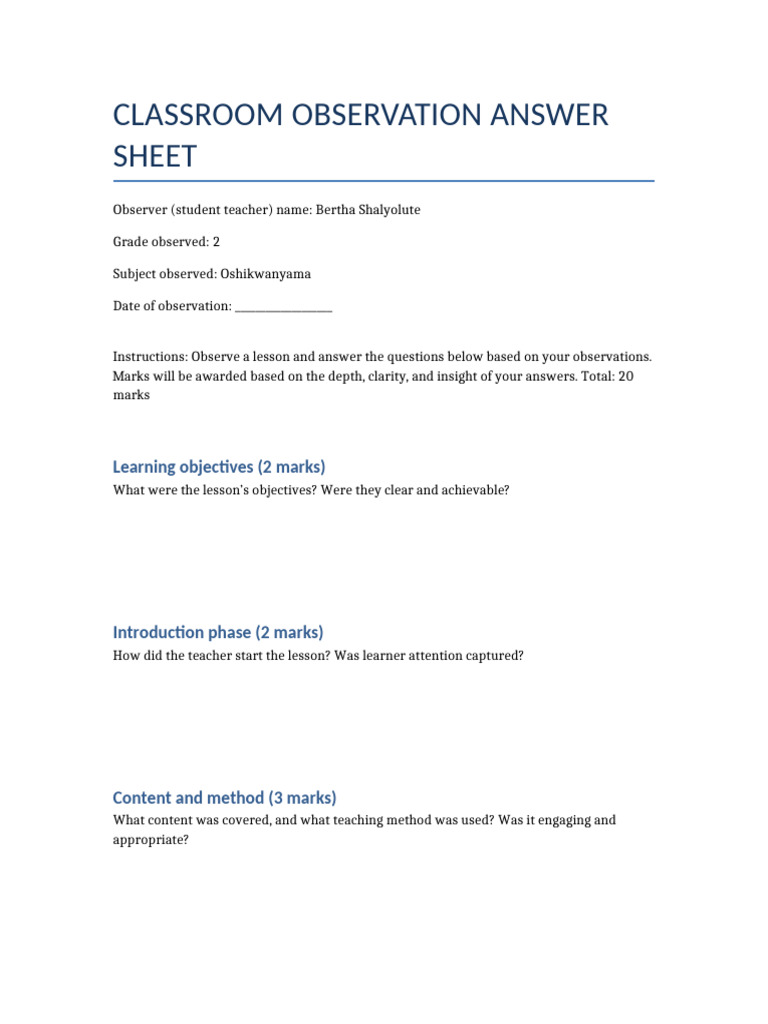 Classroom Observation Printable | PDF