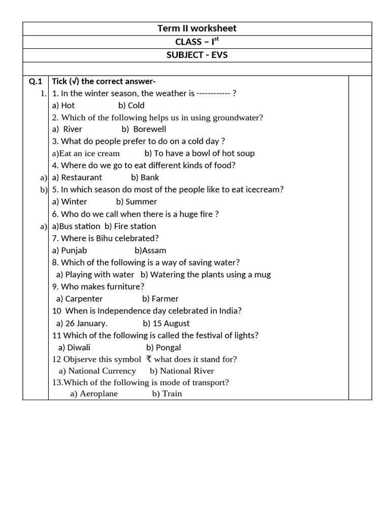 Term 2 Evs Practice Worksheet | PDF