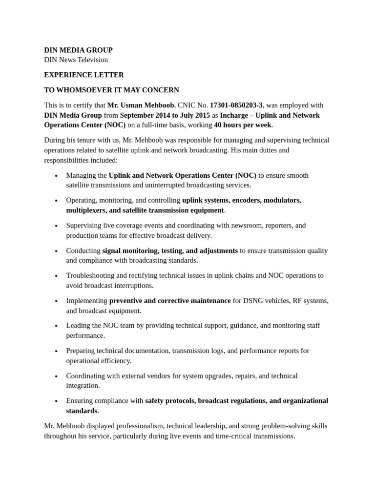 Exp Letter (Usman Mehboob) 3 | PDF | Computing | Telecommunications ...