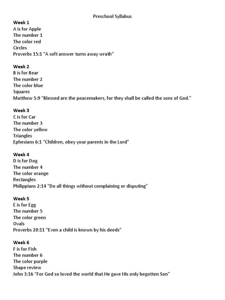Preschool Syllabus The Gospel Good Works