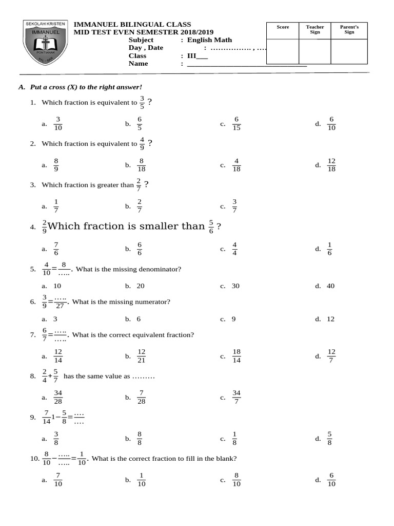 English Math Mid Test - Fraction+Angle (Done) | PDF | Chess Theory | Chess