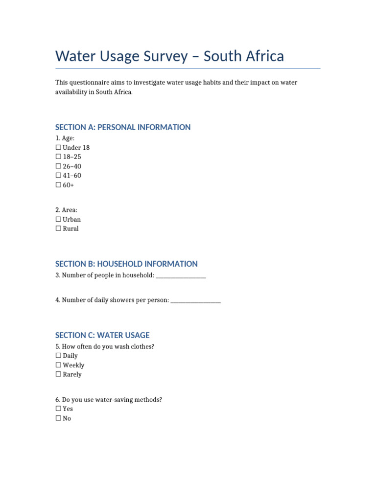 Water Usage Questionnaire | PDF