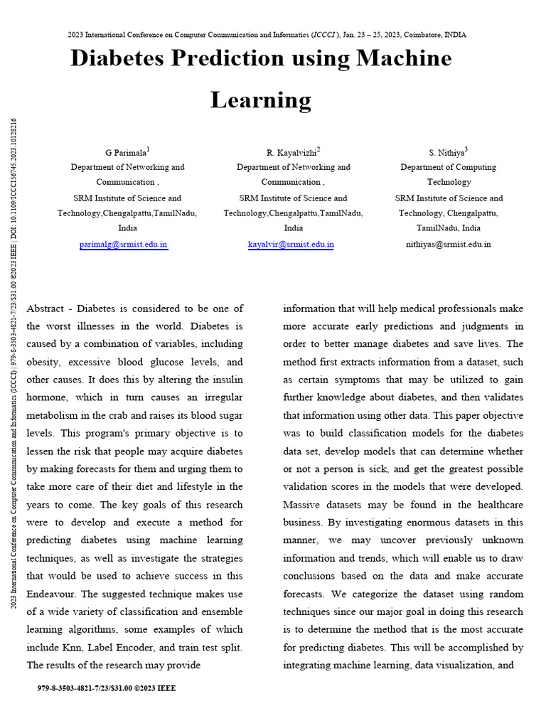 Diabetes Prediction Using Machine Learning | PDF | Machine Learning ...