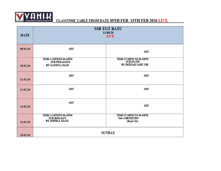Ssb Tgt Time Table 09th Feb- 15th Feb 2026 | PDF