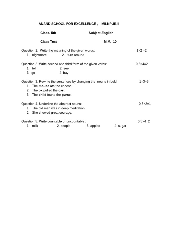 Class 5th Test | PDF