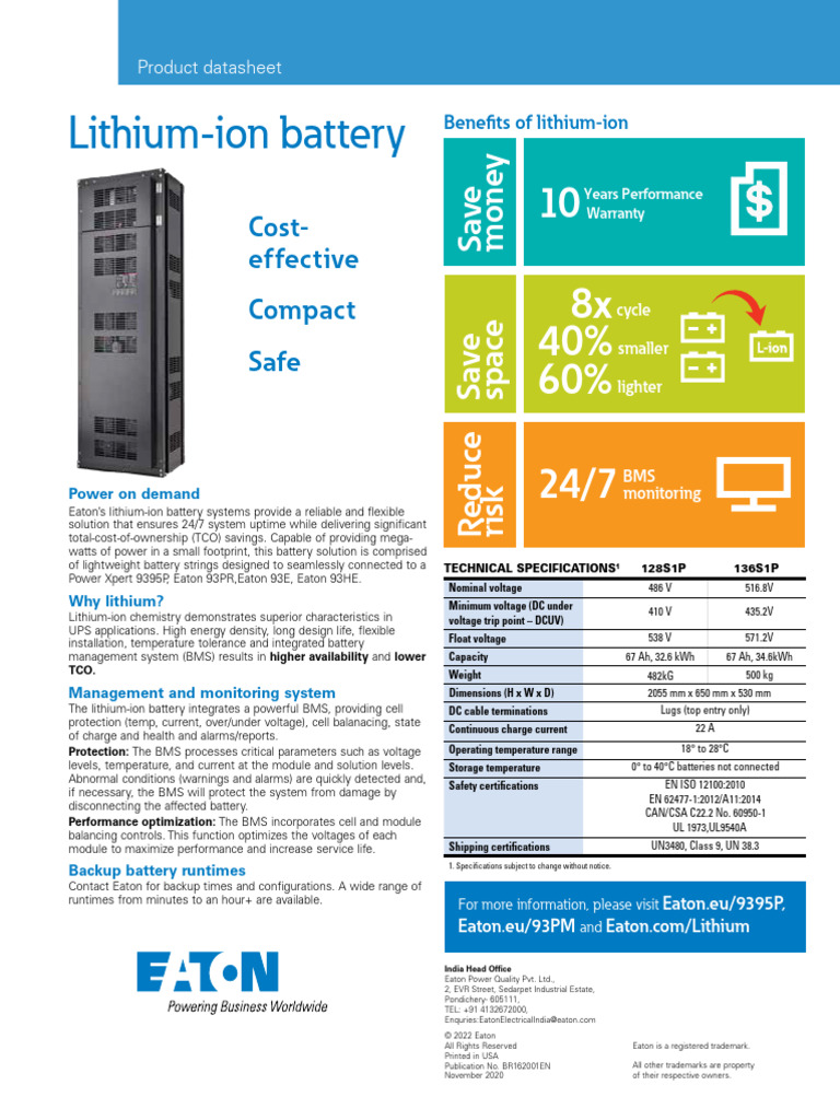 Eaton-Lithium-Ion-Datasheet | PDF | Lithium Ion Battery | Electricity