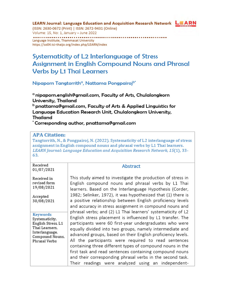 6 Interlanguage of Stress Assignment in English Compounds | PDF ...