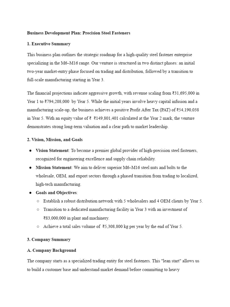 Business Development Plan Precision Steel Fasteners | PDF | Financial ...