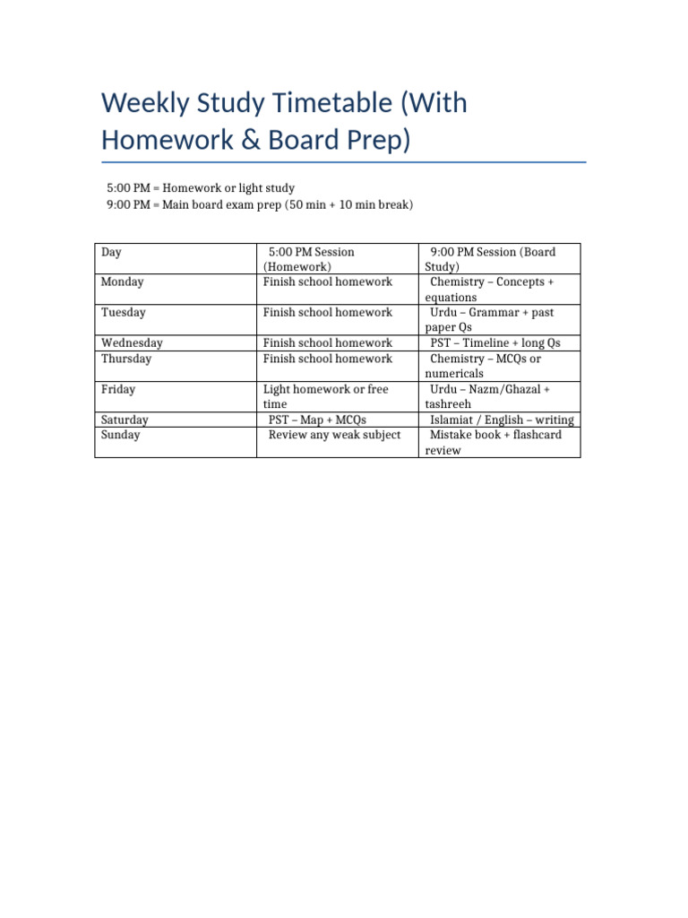Study Timetable With Homework | PDF