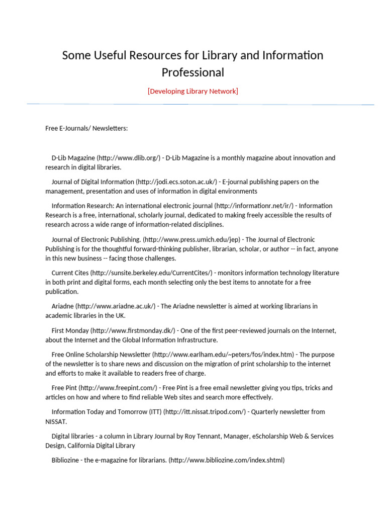 Some Useful Resources For Library and Information Professionals | PDF ...