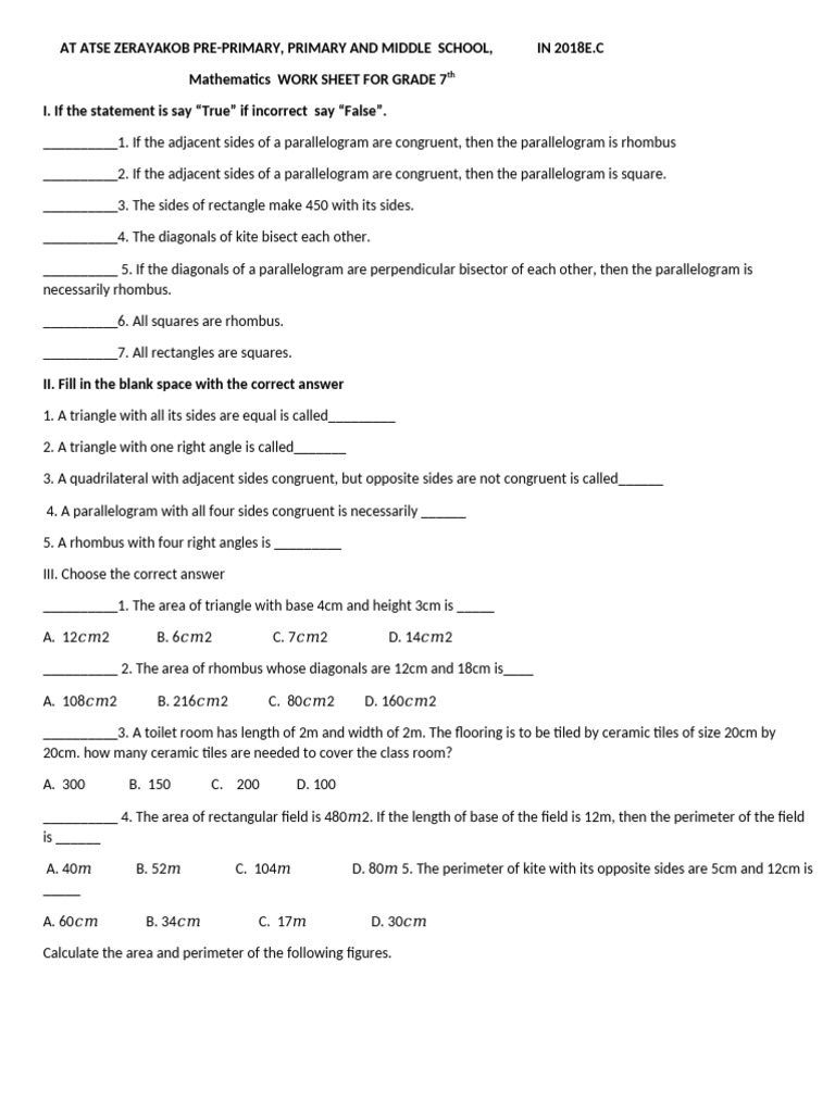 Mathematics Test 2 Grade 7th | PDF | Rectangle | Area
