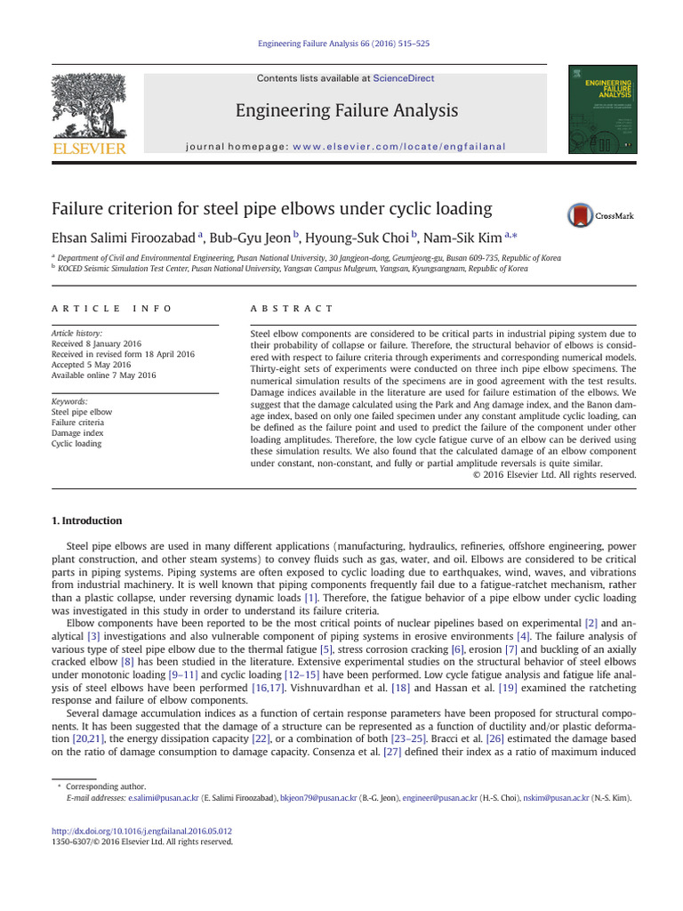 Failure Criterion for Steel Pipe Elbows Under Cyclic Loading | PDF ...