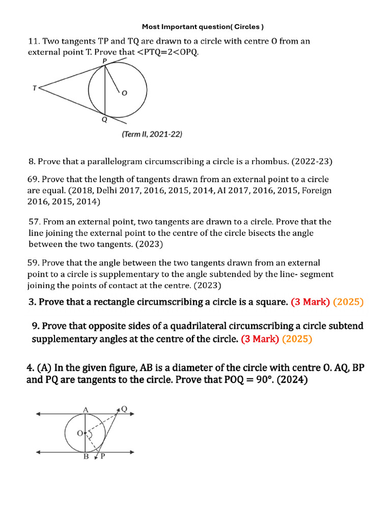 Circles ( Important Question ) | PDF