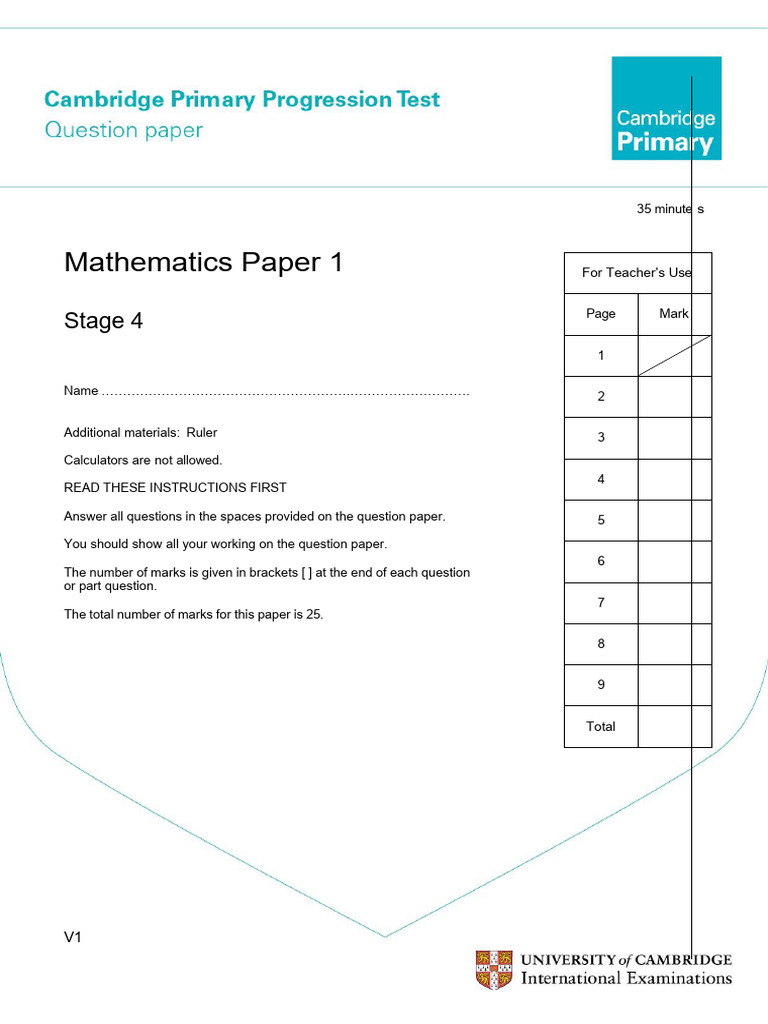 Progression Test Primary Stage 4 Mathematics Paper 1 2011 Question ...