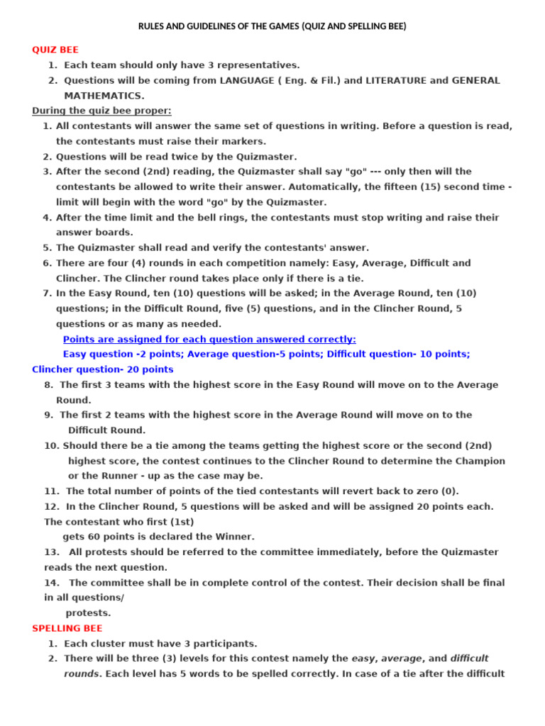 Quiz and Speeling Bee Rules and Guidelines | PDF | Chess Openings | Chess