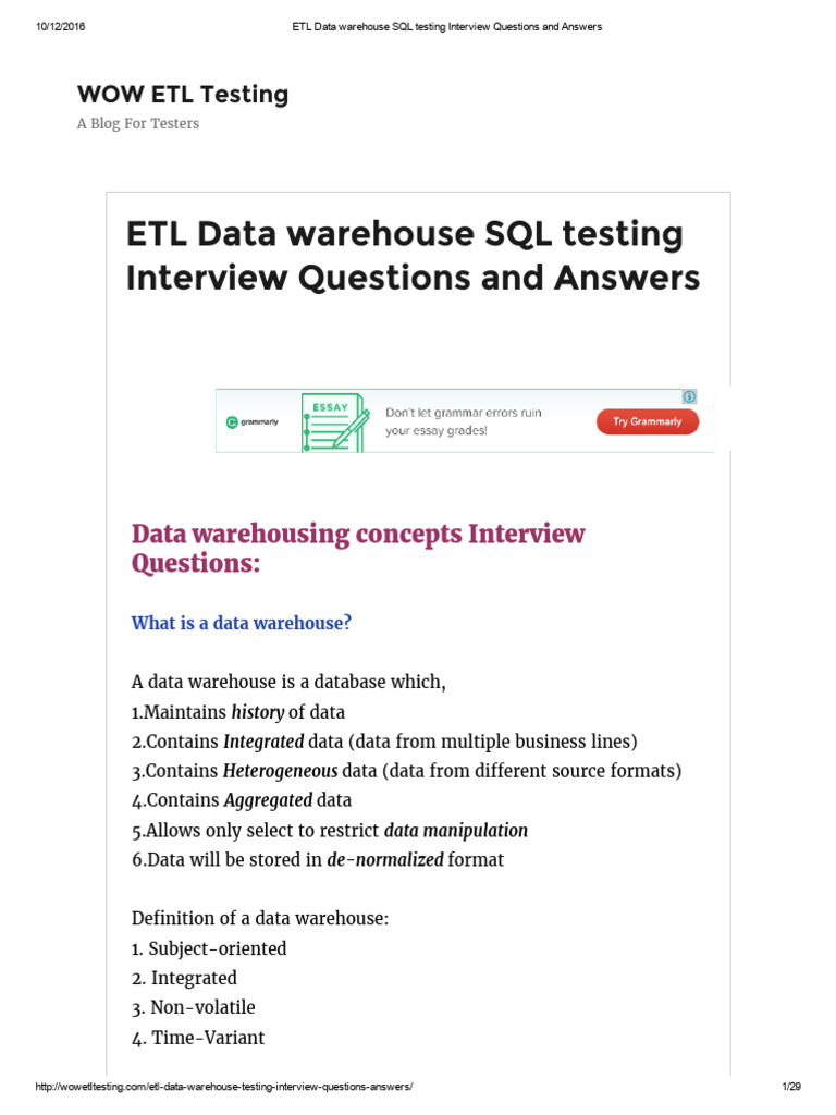 Etl Data Warehouse SQL Testing Interview Questions and Answers PDF Free ...