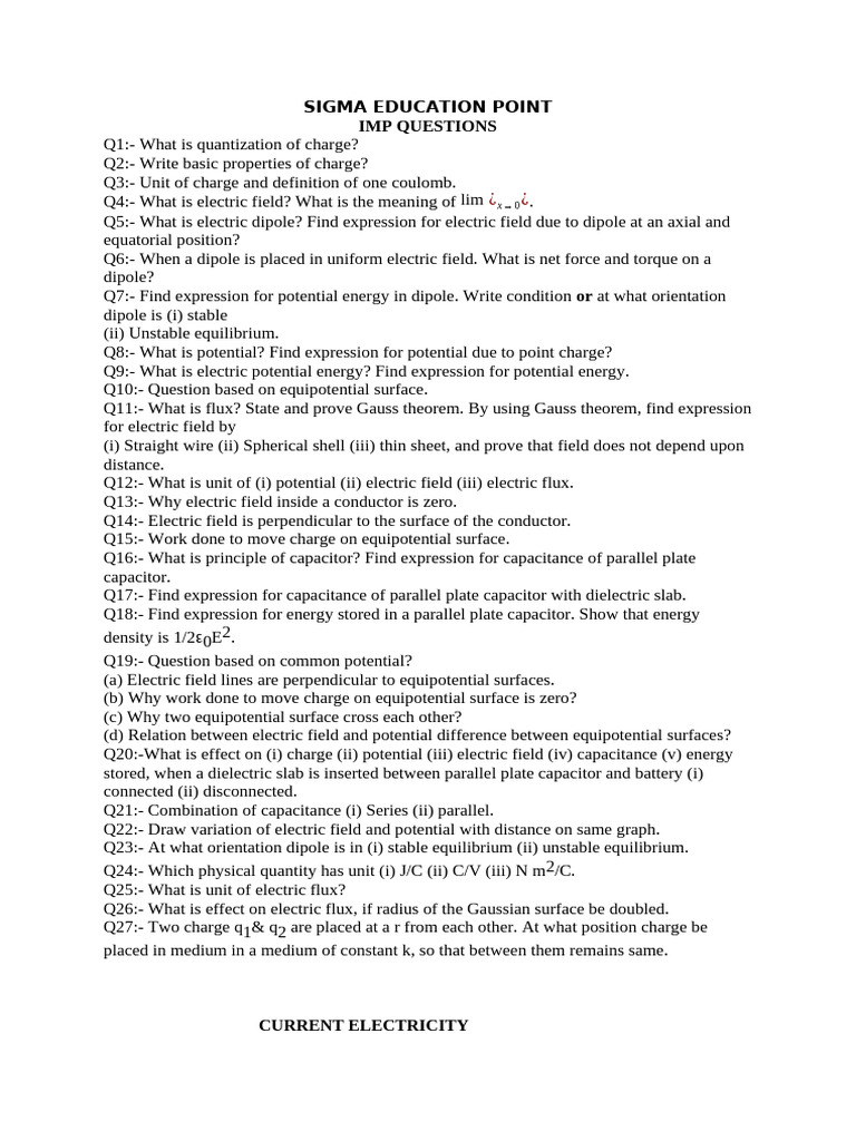 IMP QUESTIONS OF ALL CHAPTERS FOR-24 | PDF | Inductance | Inductor