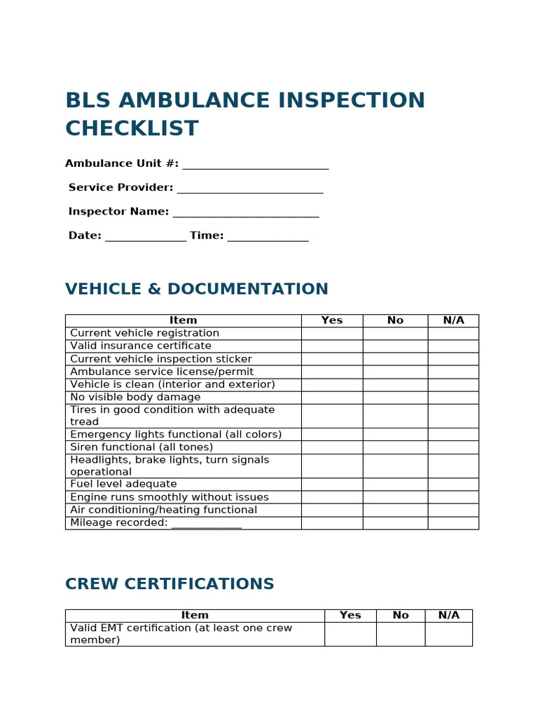 Ambulance Inspection Checklist | PDF | Ambulance | Medical Specialties
