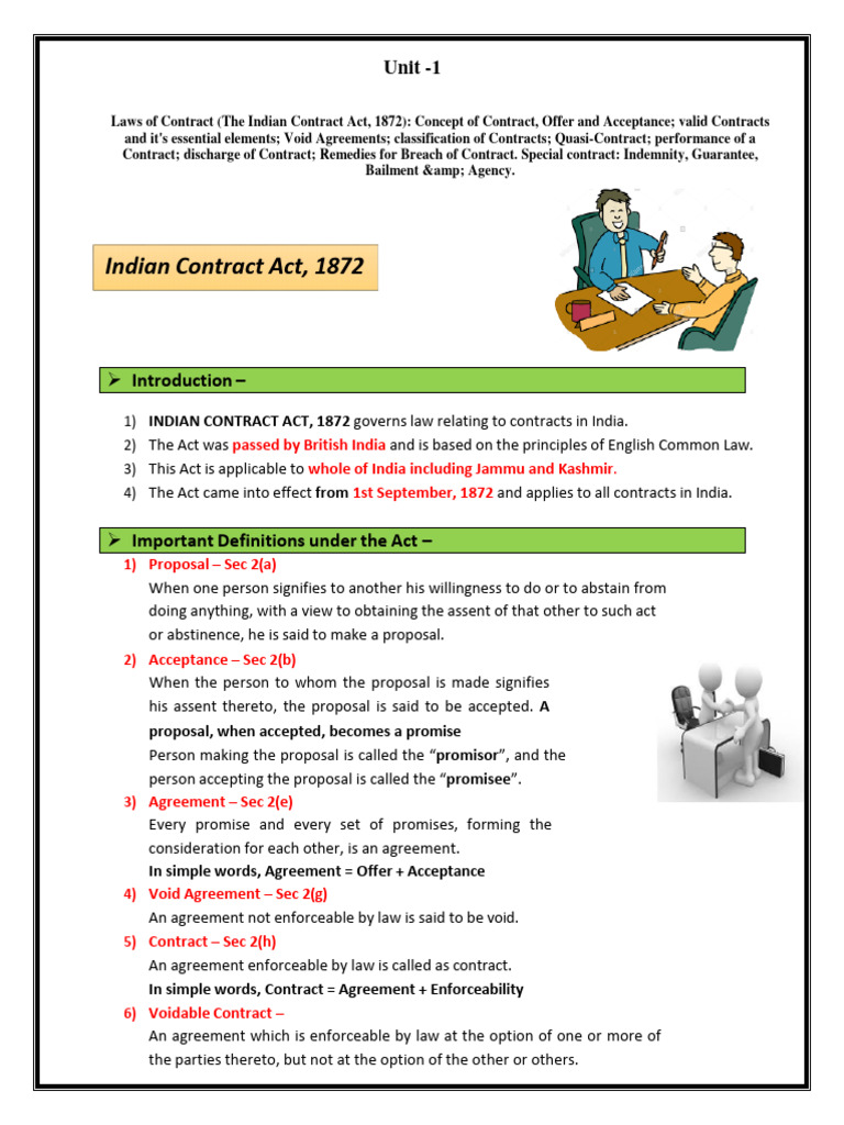 Unit - 1 Indian Contract Act, 1872 | PDF | Offer And Acceptance ...