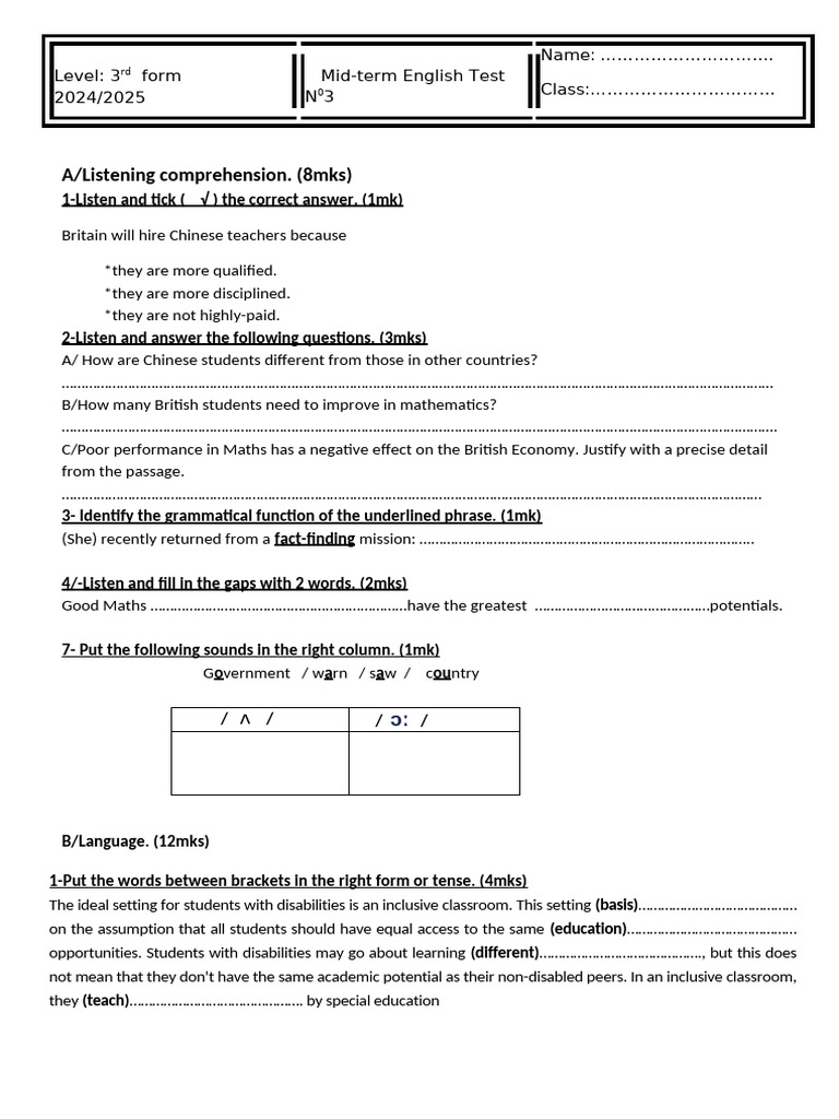 Mid-term test 3 - 3rd form 2025 | PDF | Educational Technology | Learning
