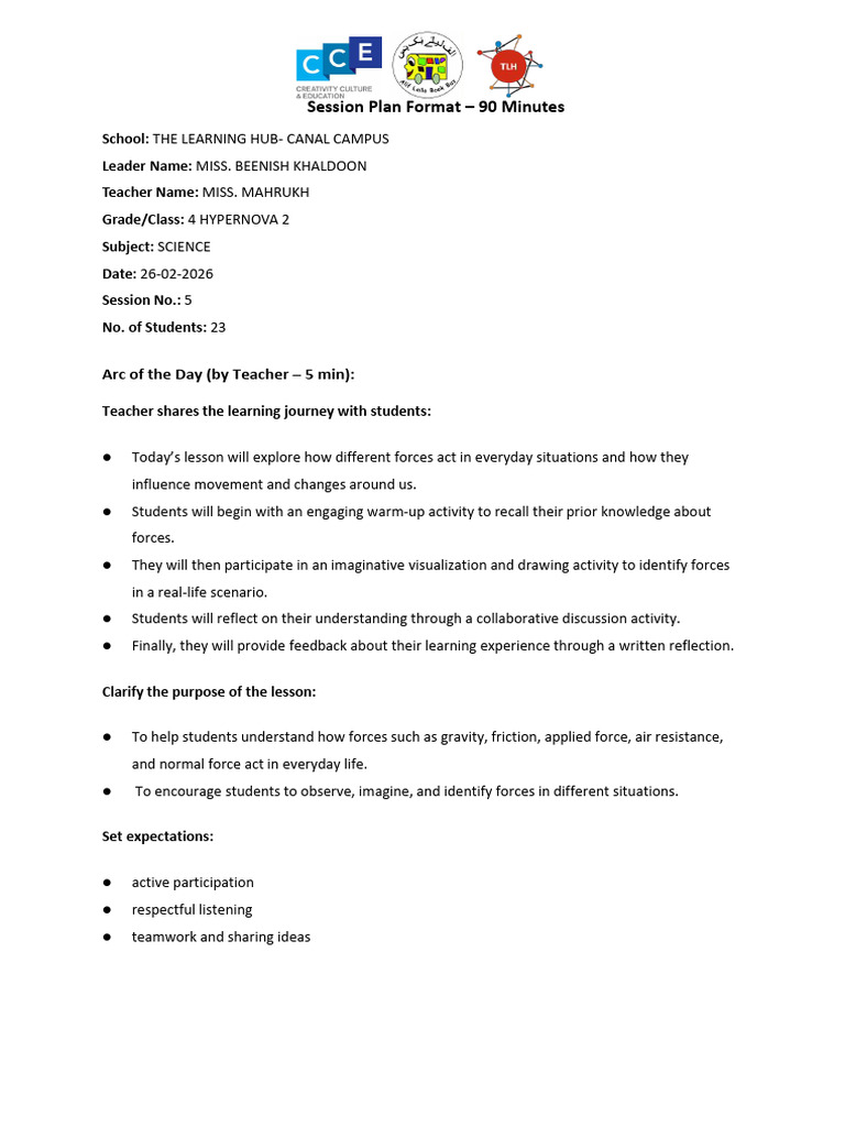 Session Plan Format 1_Lesson 5 by Miss Mahrukh | PDF | Force | Learning