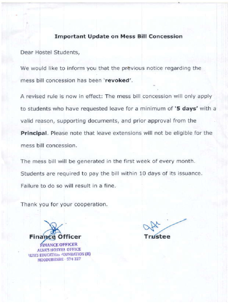 Revised Update on Mess Bill Concession | PDF