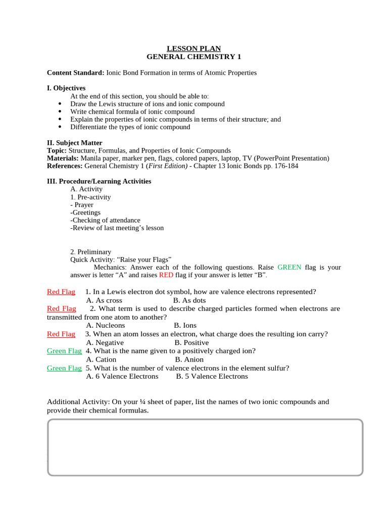 LESSON PLAN in General Chemistry 1- Structure, formulas, and properties ...