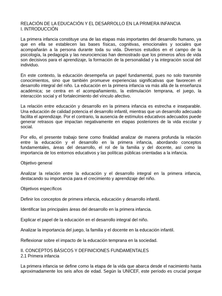 RELACIÓN DE LA EDUCACIÓN Y EL DESARROLLO EN LA PRIMERA INFANCI1 | PDF