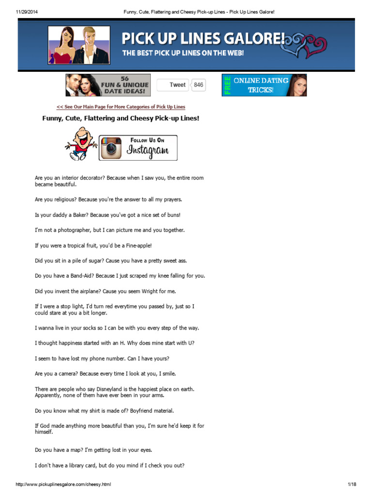 Funny, Cute, Flattering and Cheesy Pick-up Lines - Pick Up Lines Galore ...
