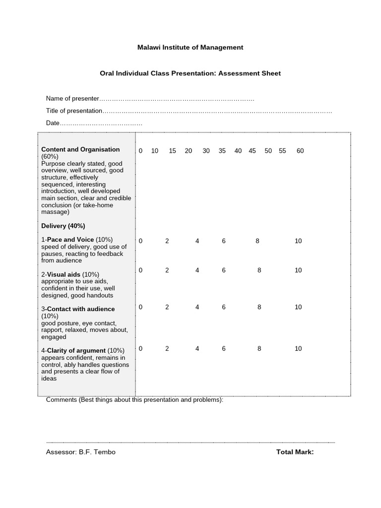 MIM Assessment Form for Oral Individual Presentation | PDF