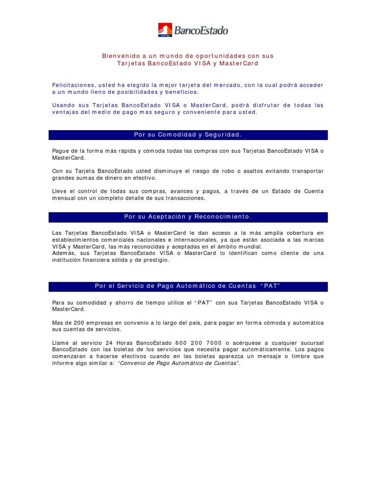 Guia De Uso Tarjetas Banco Estado Visa Inc Master Card