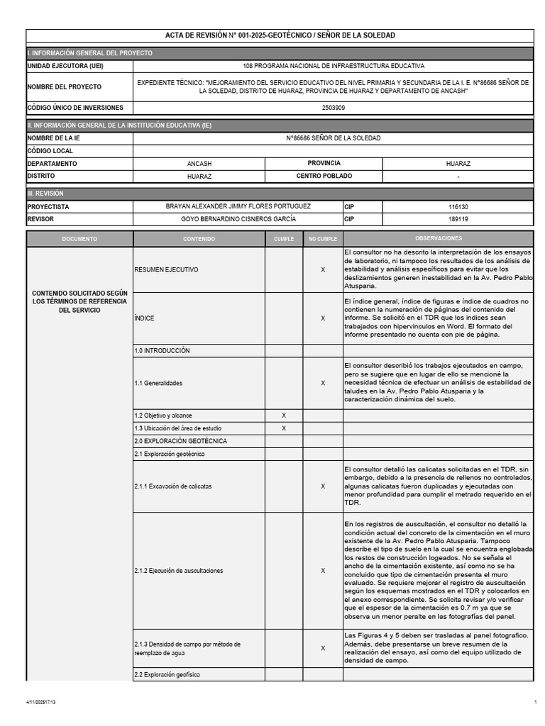 Acta de Revisión N°01-2025-GBCG | PDF | Fundación (Ingeniería) | Geología