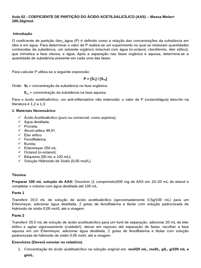 Coeficiente Particao AAS | PDF | Concentração | Aspirina