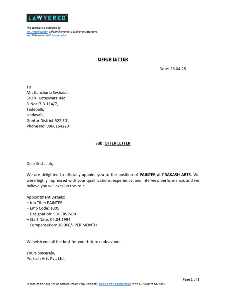 Offer Letter of K.seshaiah | PDF