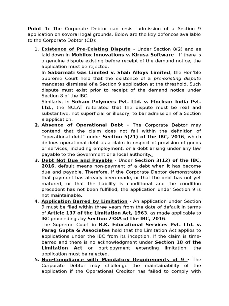IBC Section 9 Research Note | PDF | Bankruptcy | Justice