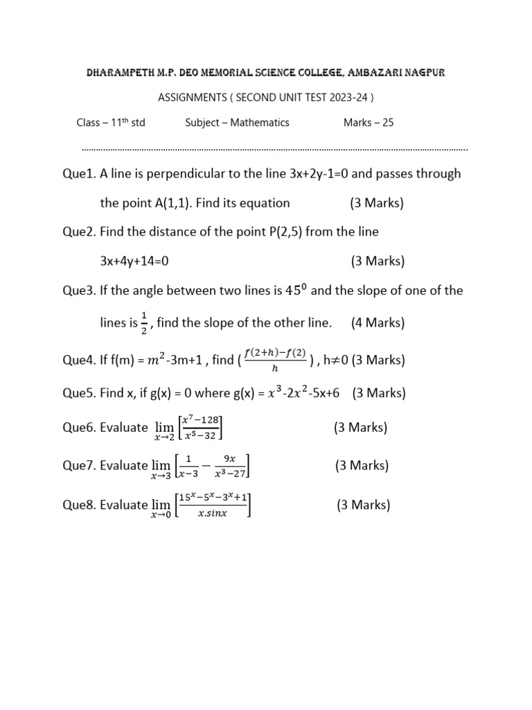 11th Assignment Second Unit Test 2 Maths | PDF