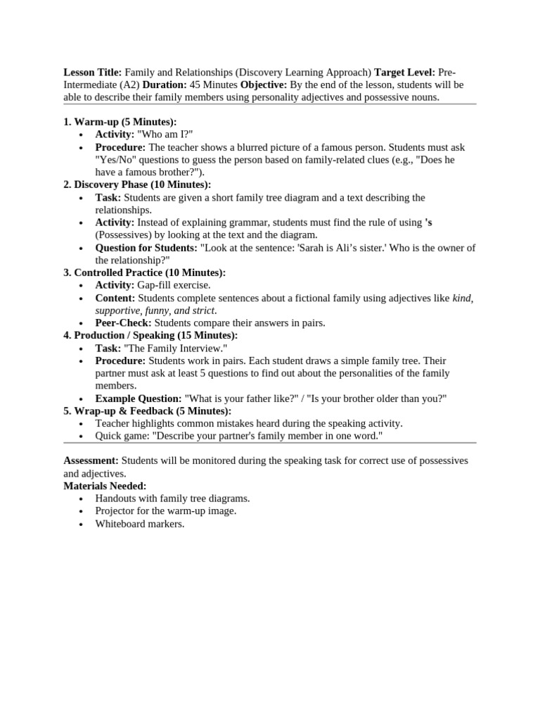 Family and Relationships Pre Intermediate (A2) Lessom Plan | PDF