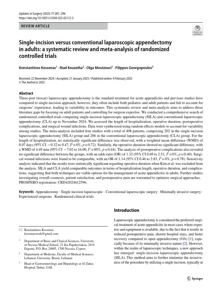 Single Incision Versus Conventional Laparoscopic Appendectomy in Adults ...