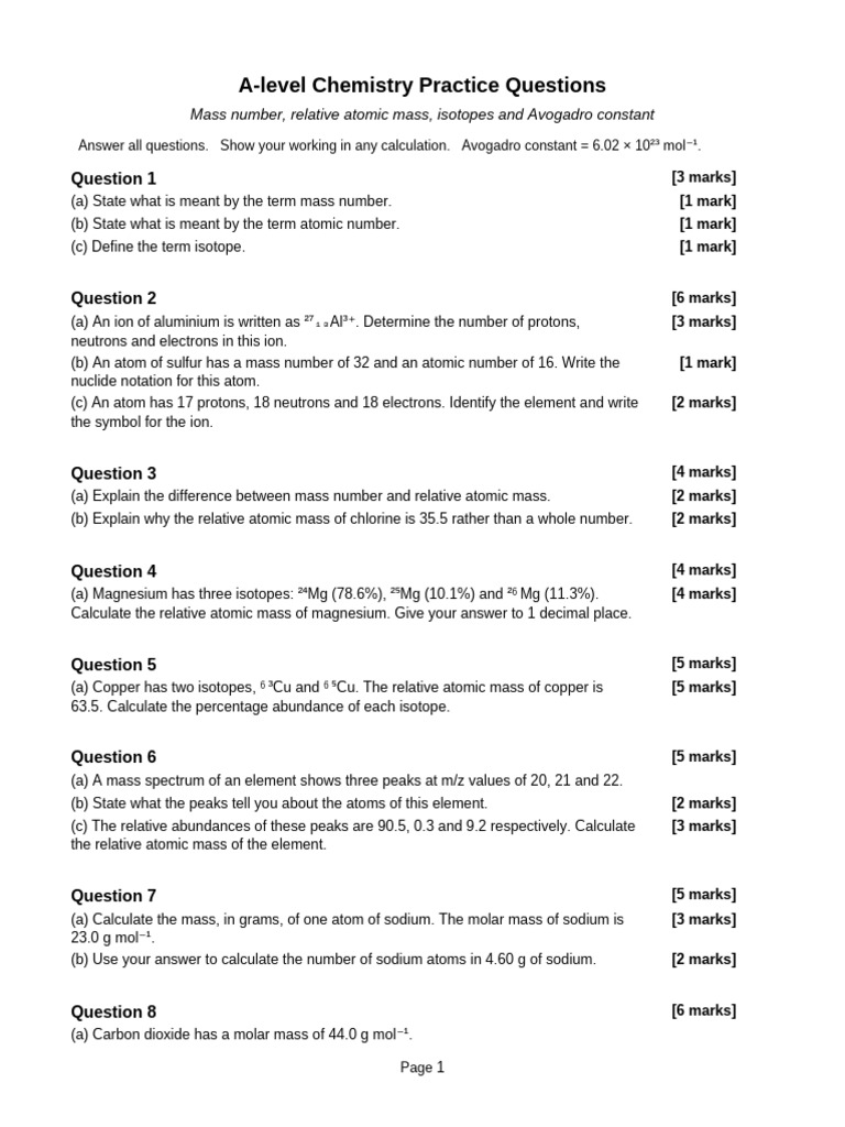 Chemistry Mixed Exam Questions | PDF | Isotope | Mole (Unit)
